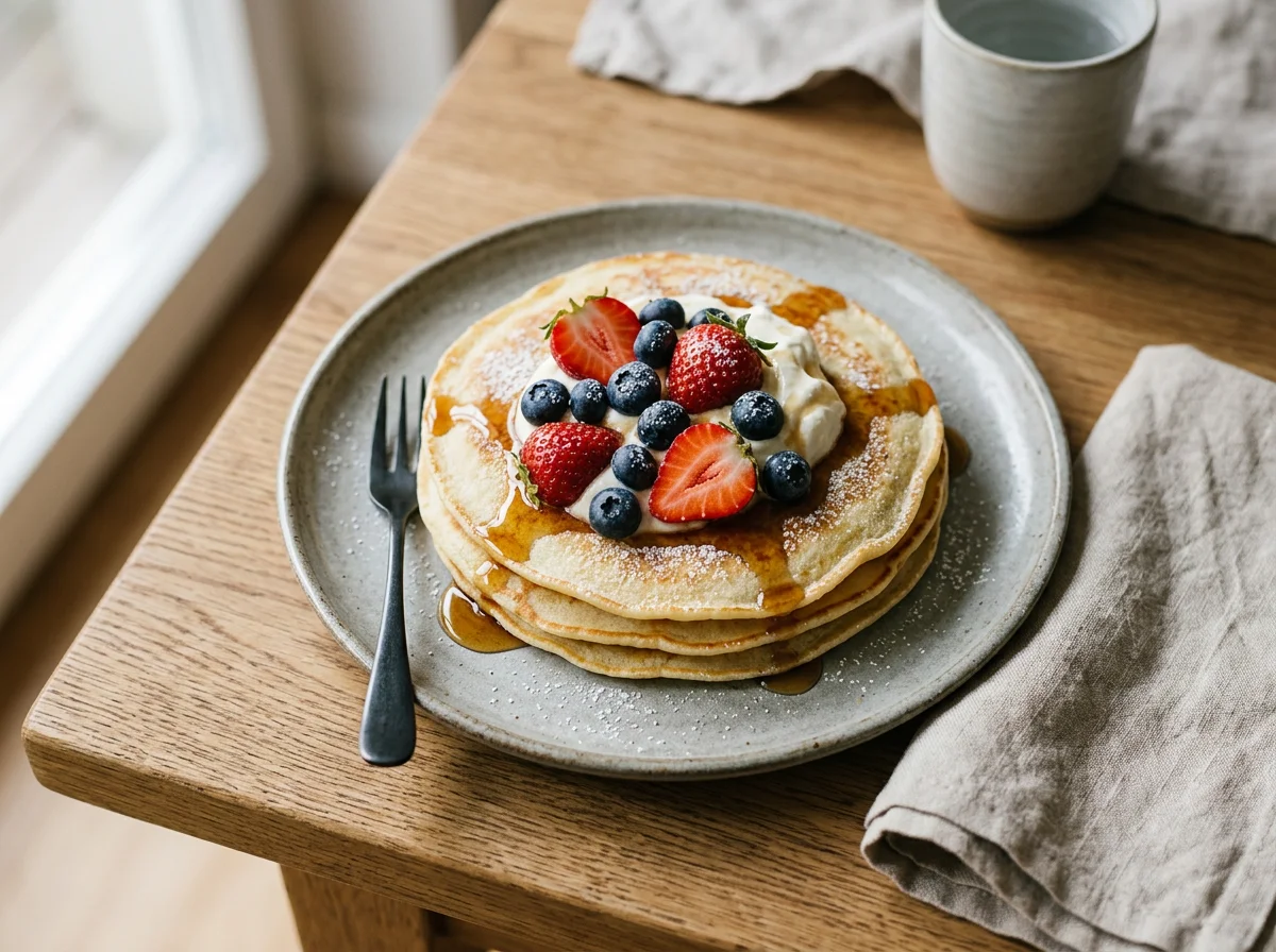 Pfannkuchen mit Beeren und Ahornsirup photo
