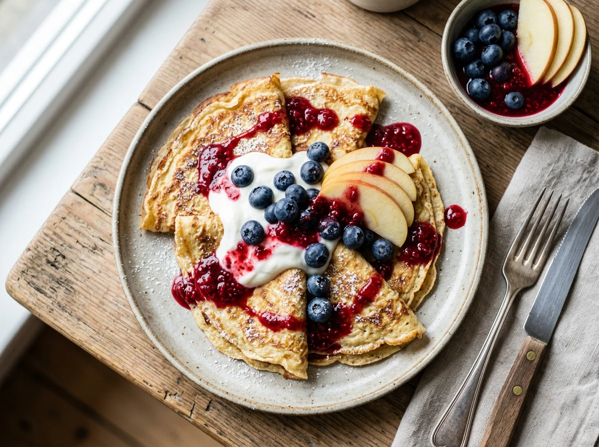 Pfannkuchen mit Beeren und Apfel photo