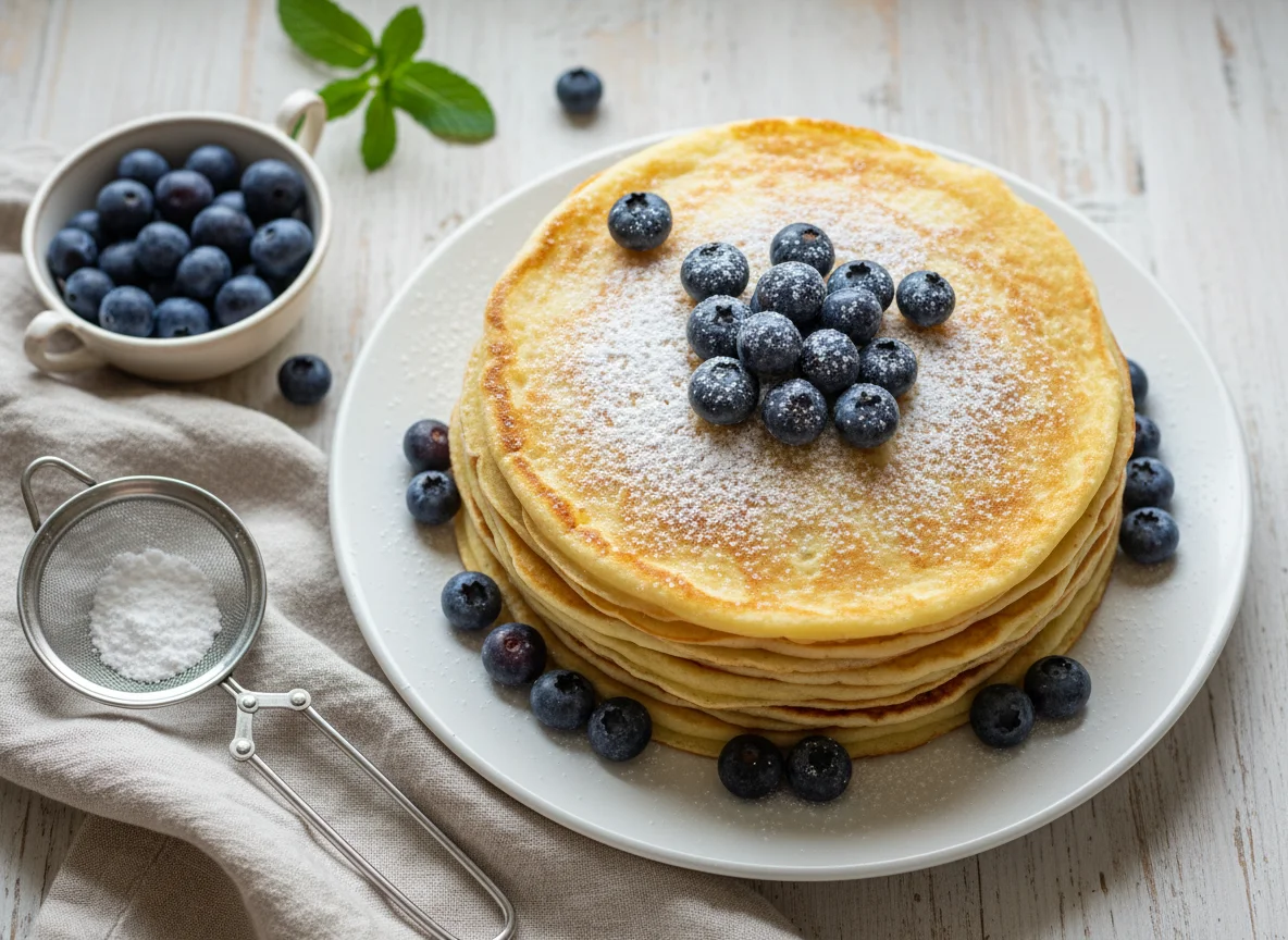Pfannkuchen mit Blaubeeren und Puderzucker photo