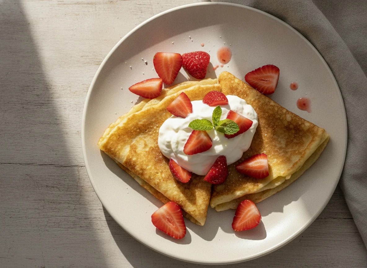 Pfannkuchen mit Erdbeeren und Sahne photo