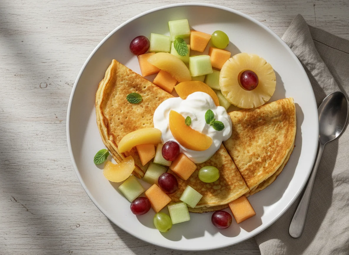 Pfannkuchen mit Früchten und Joghurt photo