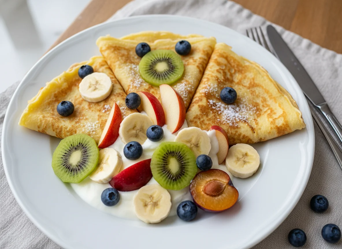 Pfannkuchen mit Joghurt und Früchten photo