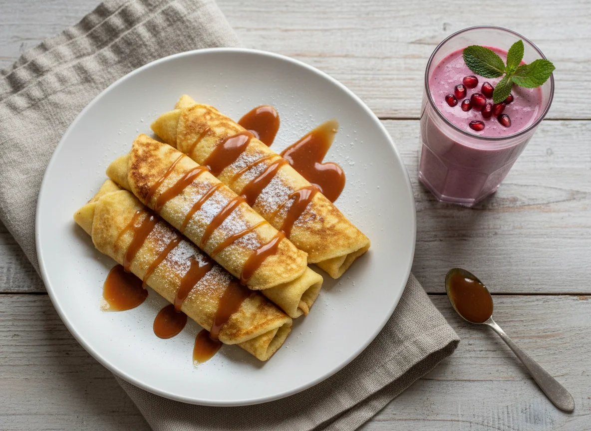 Pfannkuchen mit Karamellsauce und Joghurtgetränk photo