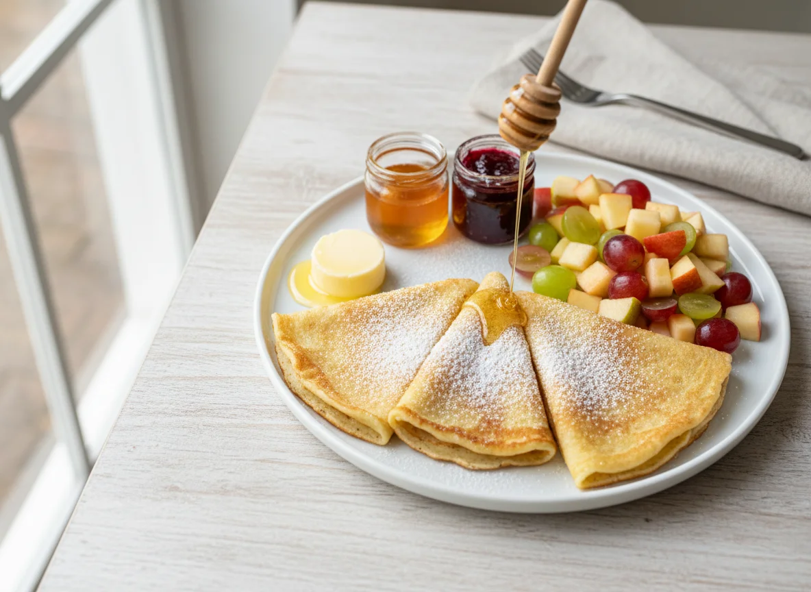 Pfannkuchen mit Obstsalat und Beilagen photo