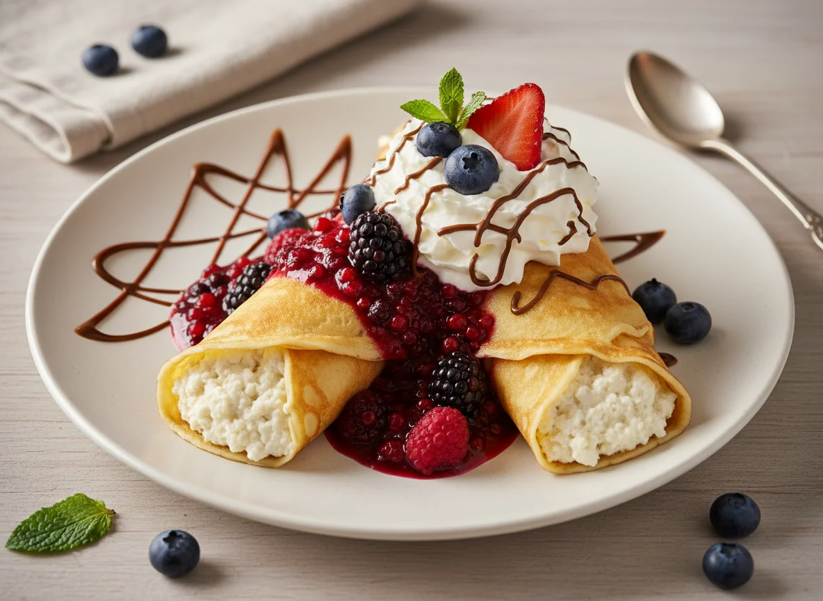 Pfannkuchen mit Quarkfüllung und Waldbeerensauce photo