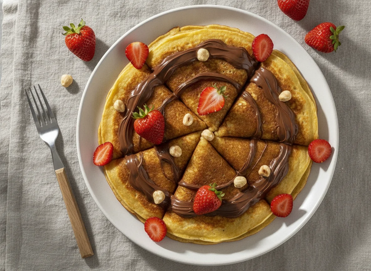 Pfannkuchen mit Schokoladenaufstrich und Erdbeeren photo