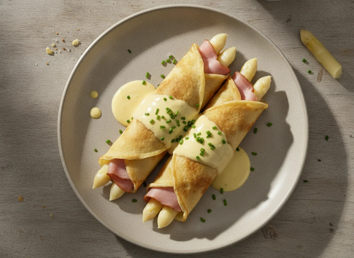Pfannkuchen mit Spargel, Schinken und Sauce Hollandaise photo