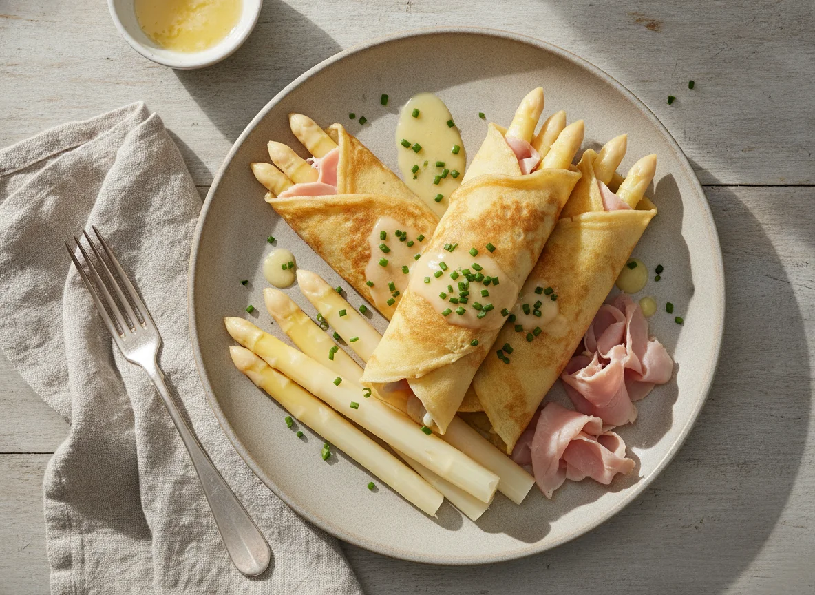 Pfannkuchen mit Spargel und Schinken photo