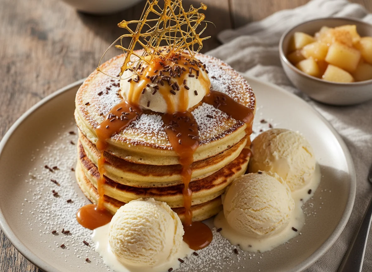 Pfannkuchen-Turm mit Eis und Karamell photo