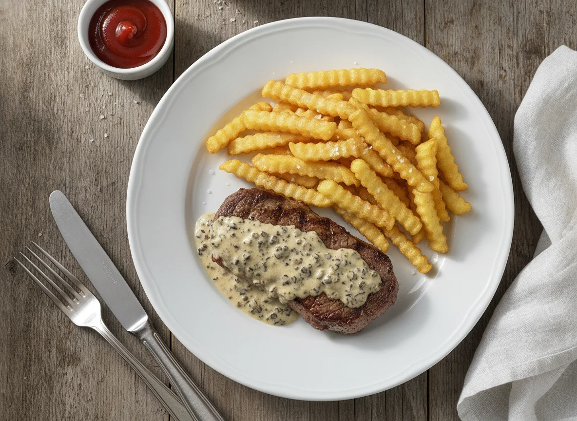 Pfeffersteak mit Pommes Frites photo