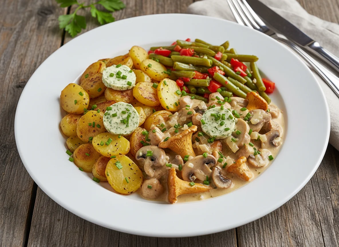 Pfifferlingsrahm mit Bratkartoffeln und Gemüse photo