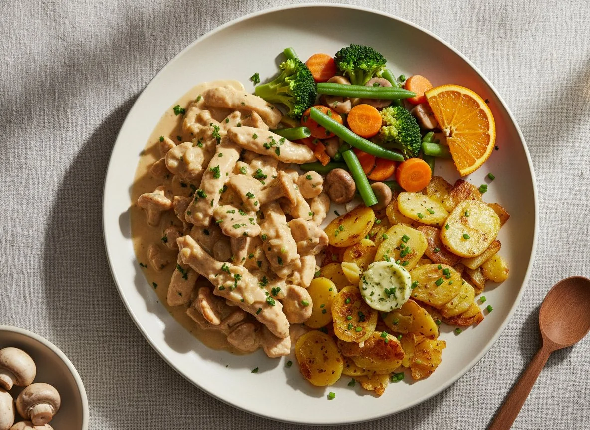 Pfifferlingsrahmgeschnetzeltes mit Bratkartoffeln und Gemüse photo