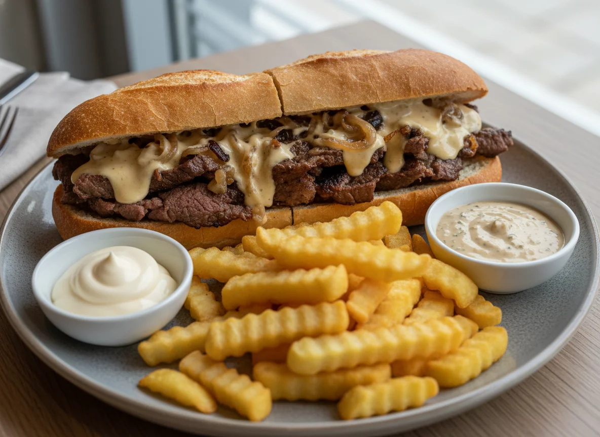 Philly Cheesesteak Sandwich mit Pommes Frites und Saucen photo