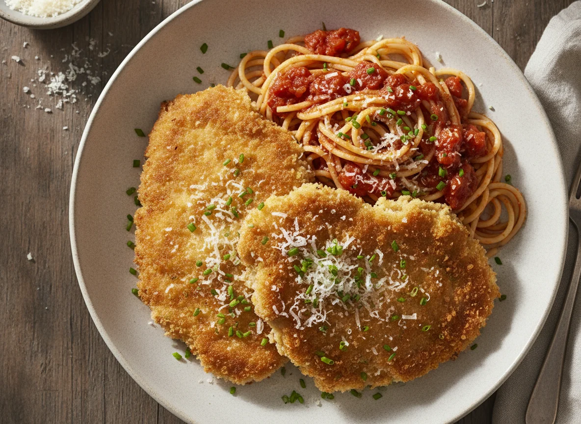 Piccata Milanese mit Spaghetti und Tomatensauce photo