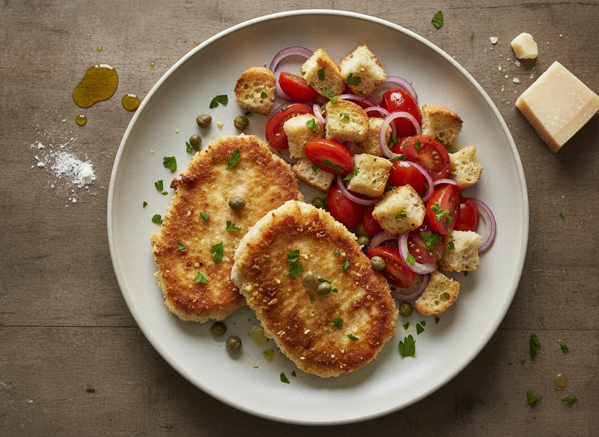 Piccata von der Putenbrust mit Tomaten-Brot-Salat photo