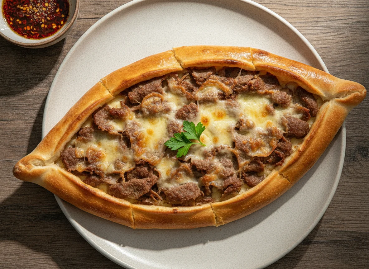 Pide mit Dönerfleisch und Käse photo