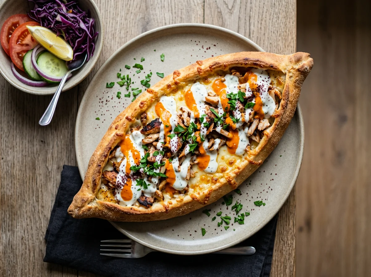 Pide mit Dönerfleisch und Saucen photo
