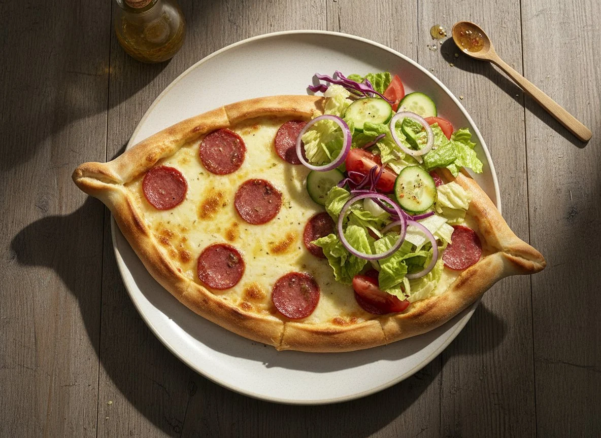 Pide mit Salami und Salat photo