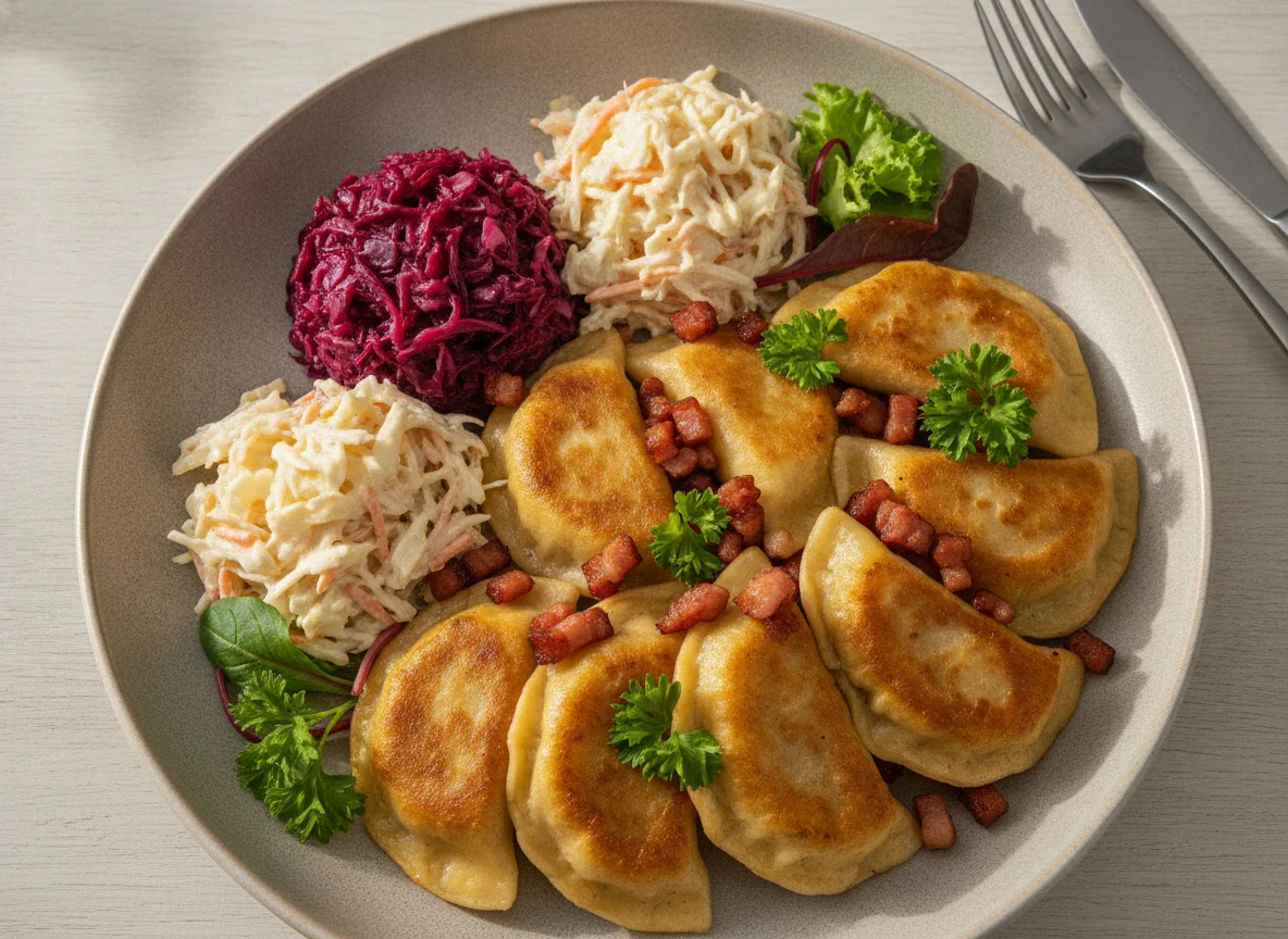 Pierogi mit Krautsalat und Speck photo