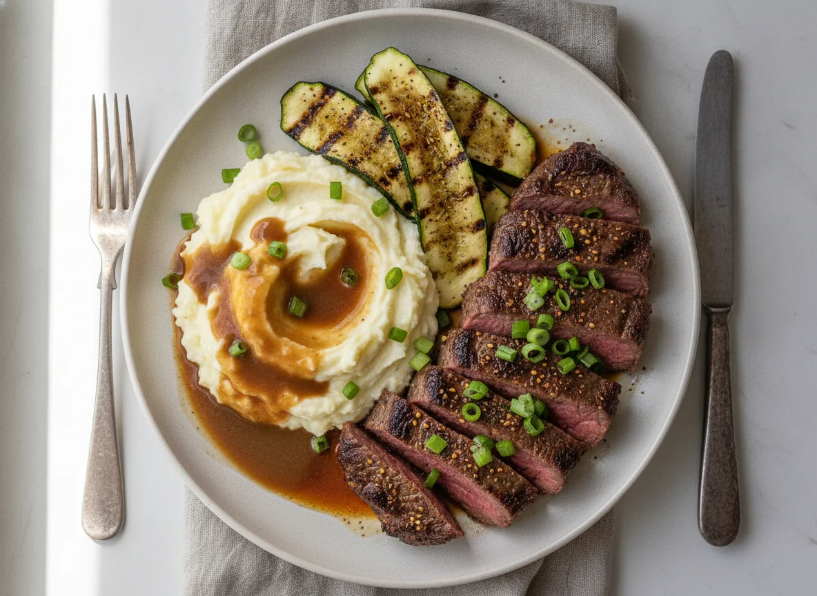 Pikant mariniertes Weiderindersteak mit Zucchini und Kartoffelpüree photo