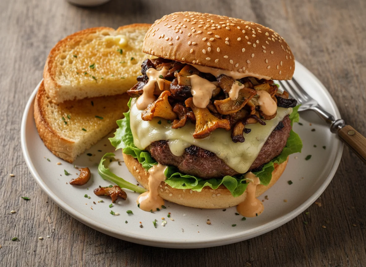 Pilz-Cheeseburger mit Toast photo