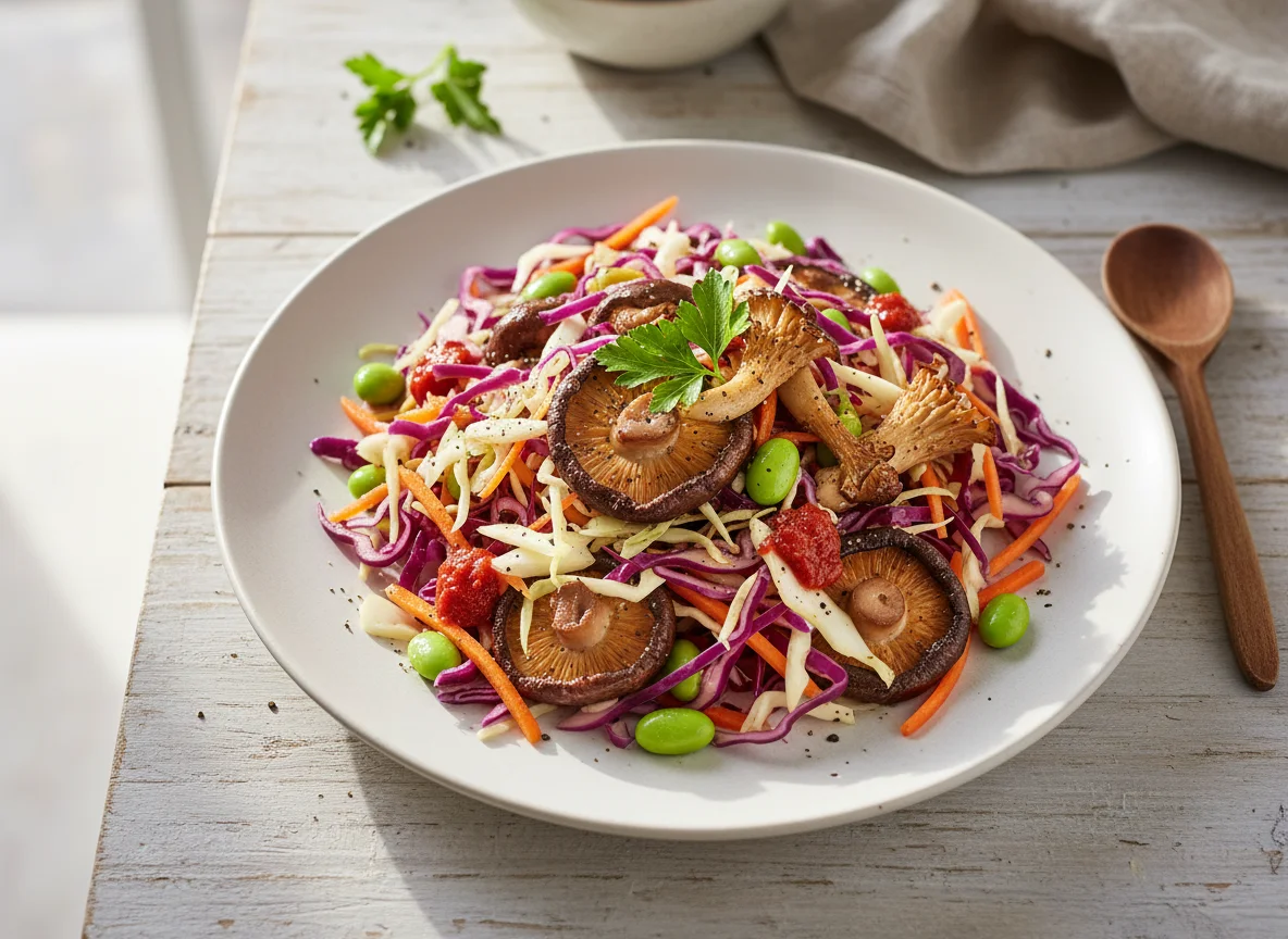 Pilze und Krautsalat mit Edamame photo