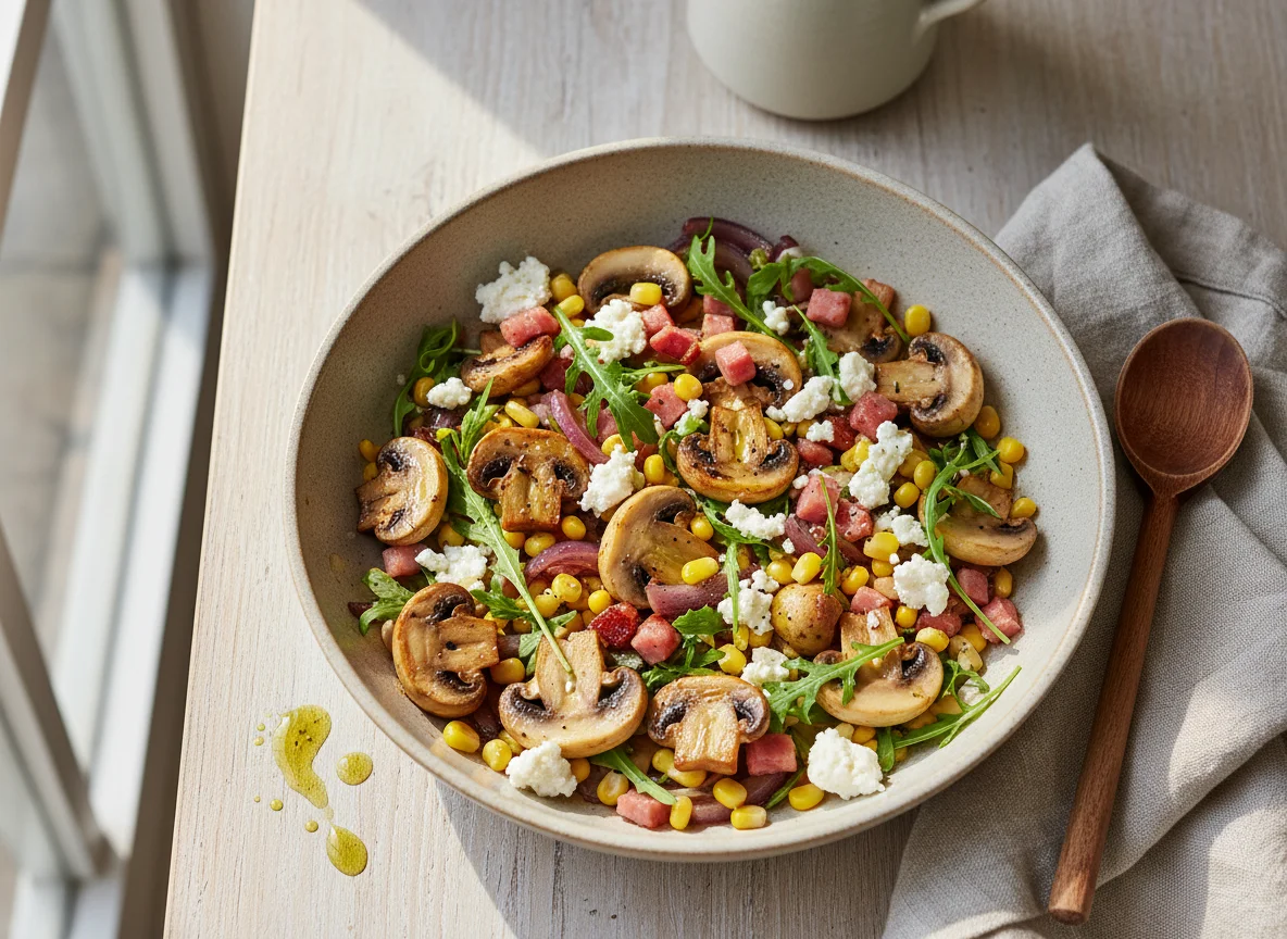 Pilz-Gemüse-Pfanne mit Feta und Schinken photo
