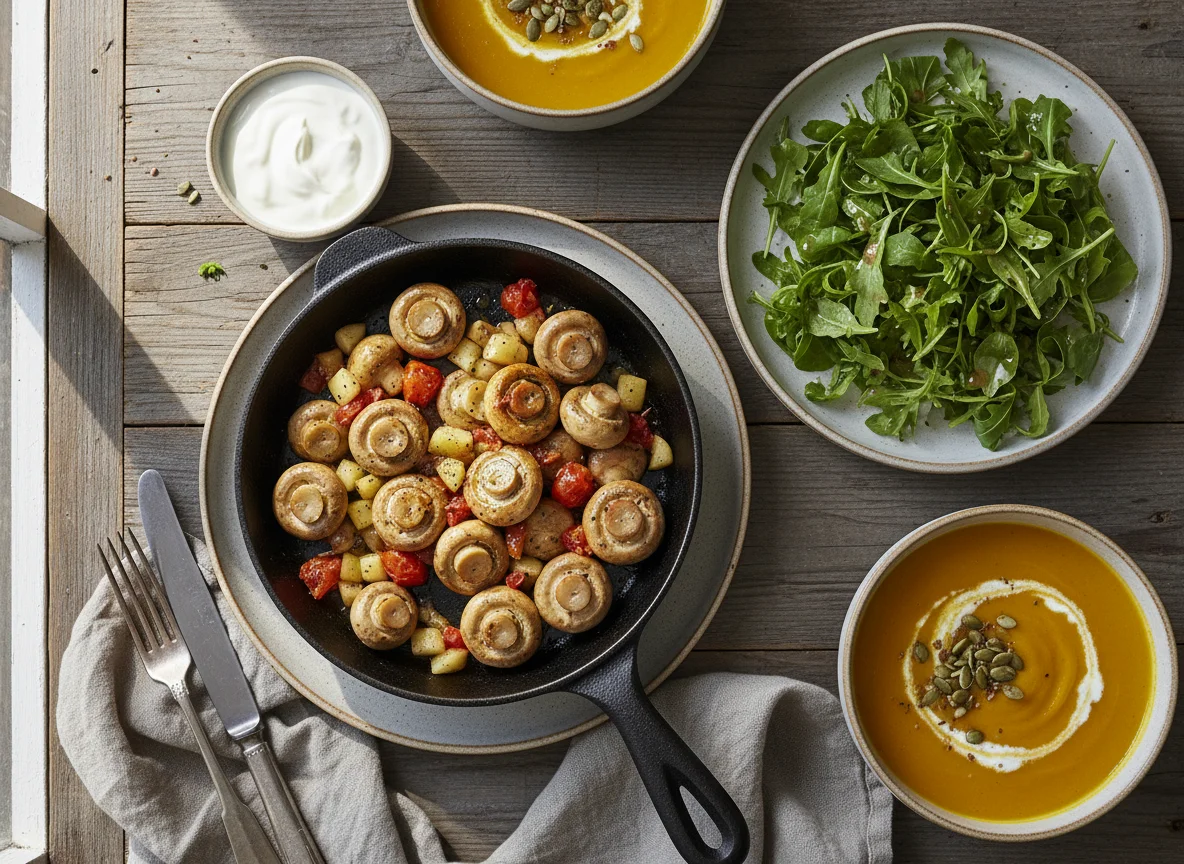 Pilzpfanne mit Rucolasalat, Joghurt-Dip und Kürbissuppe photo