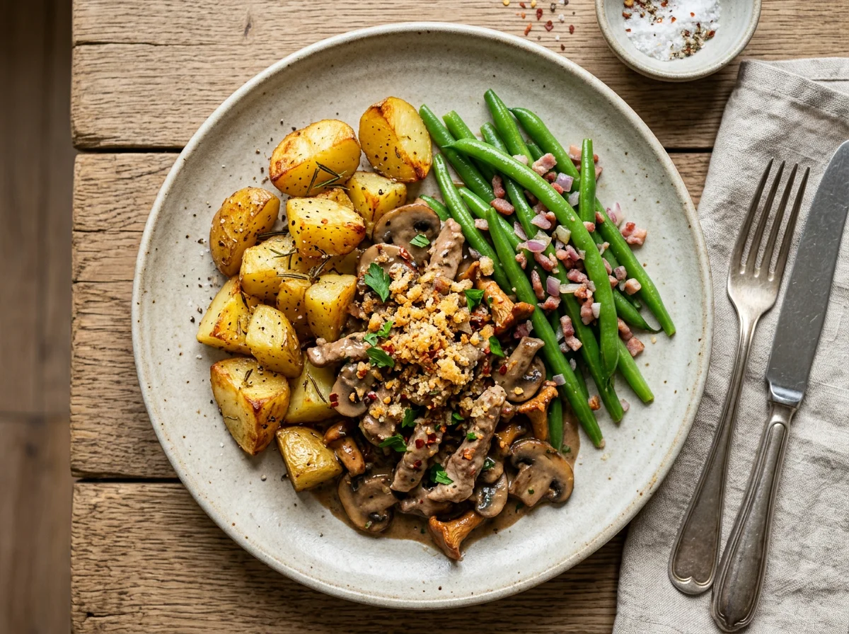 Pilzrahmgeschnetzeltes mit Kartoffeln und grünen Bohnen photo
