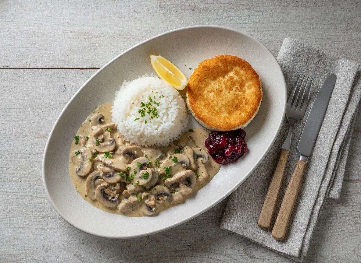 Pilzrahmgeschnetzeltes mit Reis und Camembert photo
