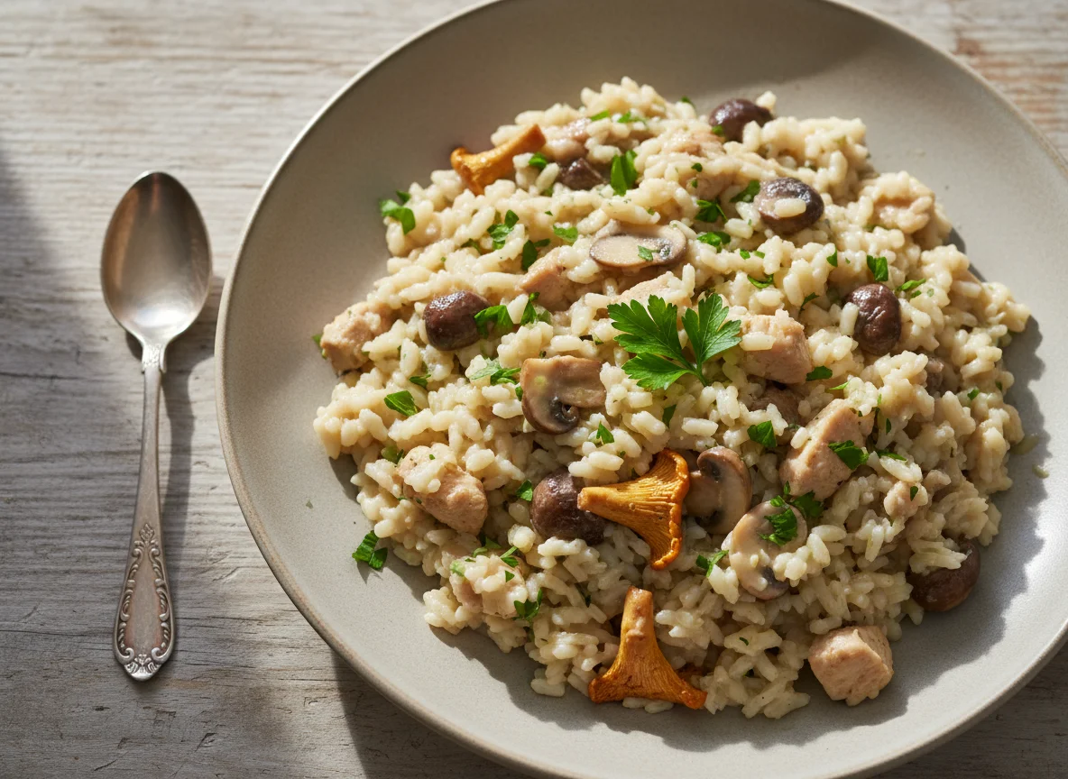 Pilzrisotto mit Huhn photo