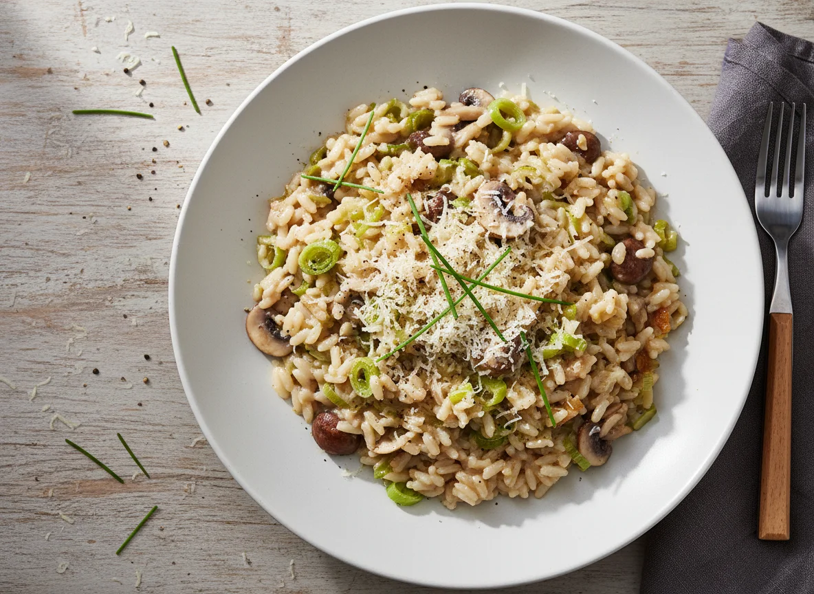 Pilzrisotto mit Lauch photo