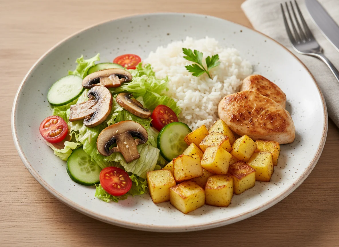 Pilzsalat und Hähnchen mit Kartoffeln und Reis photo