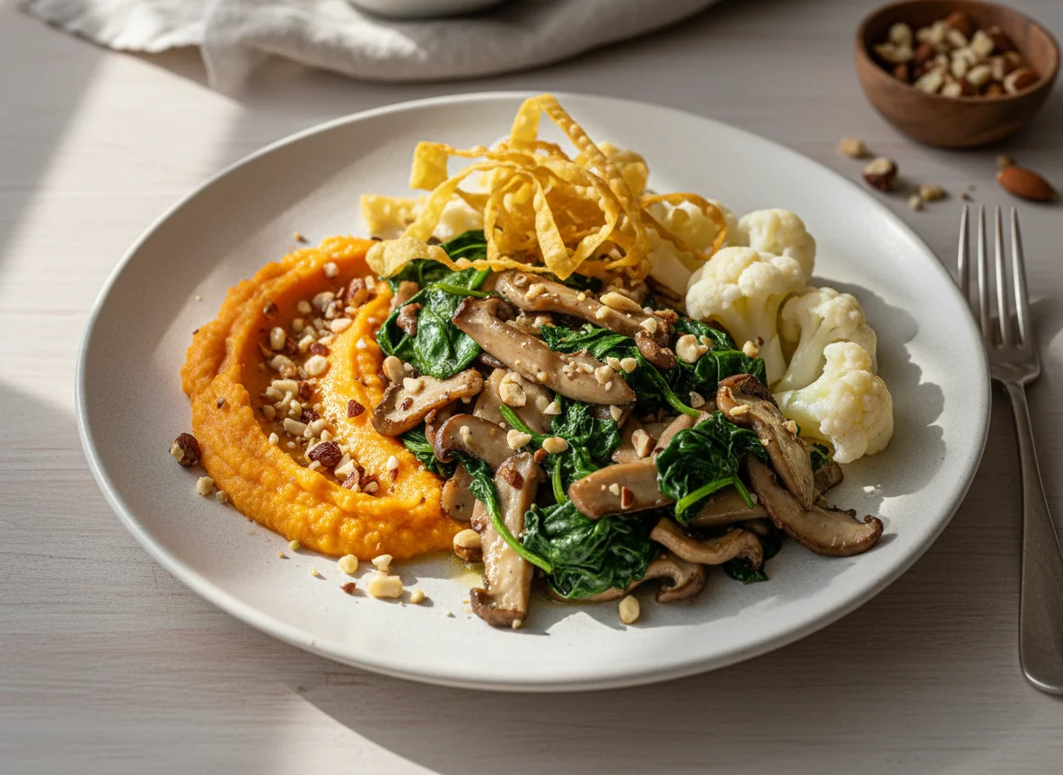 Pilz-Spinat-Pfanne mit Karottenpüree, Blumenkohl und Nüssen photo