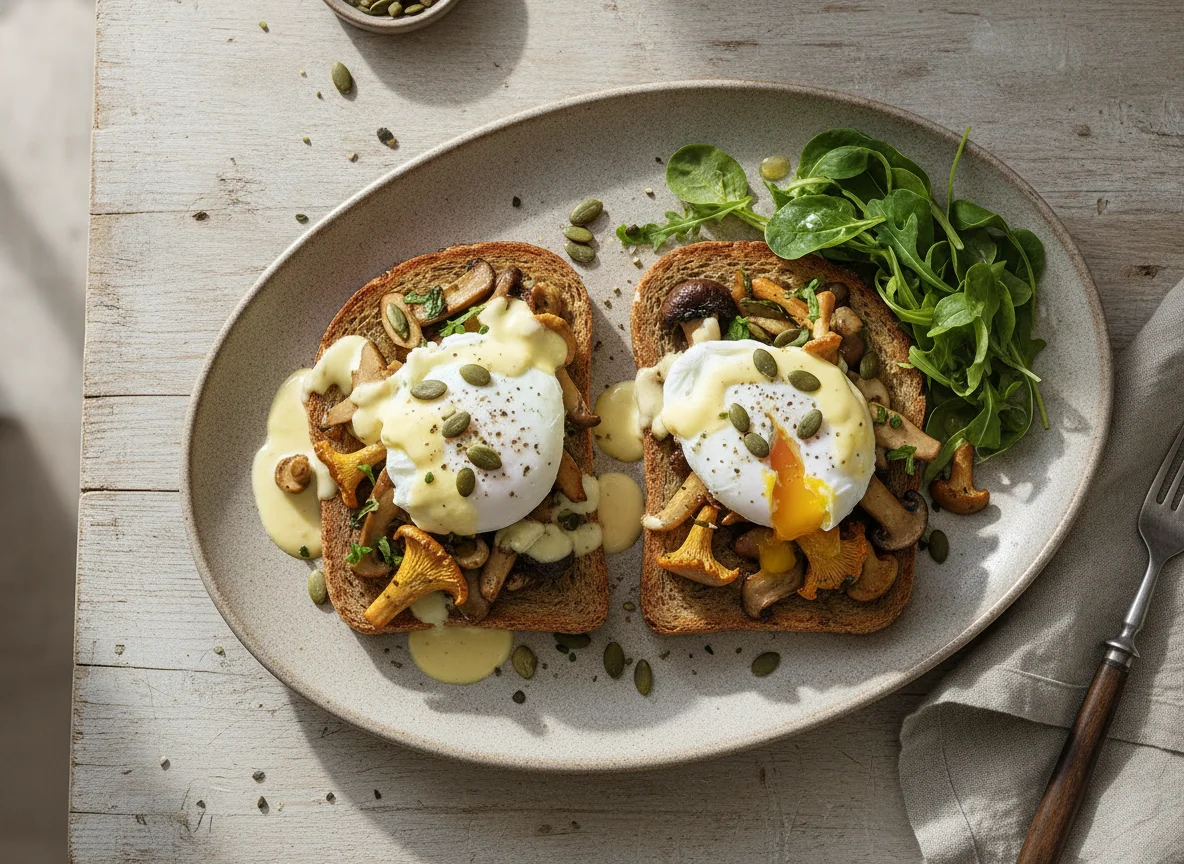 Pilz-Toast mit pochierten Eiern und Hollandaise photo