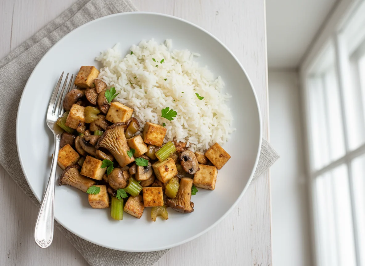 Pilz-Tofu-Pfanne mit Reis photo