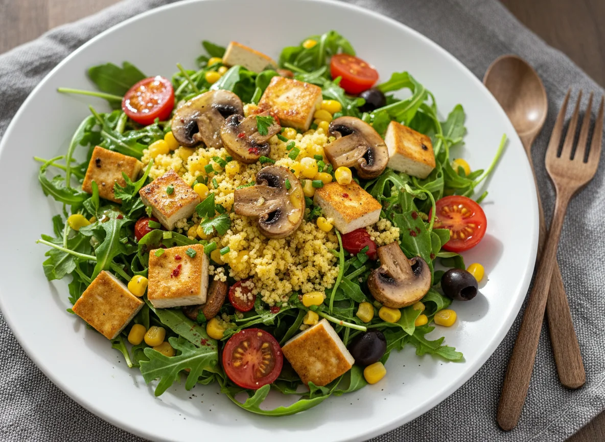 Pilz-Tofu-Salat mit Rucola und Couscous photo