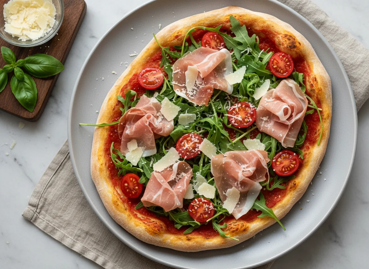 Pinsa mit Rucola, Prosciutto und Parmesan photo