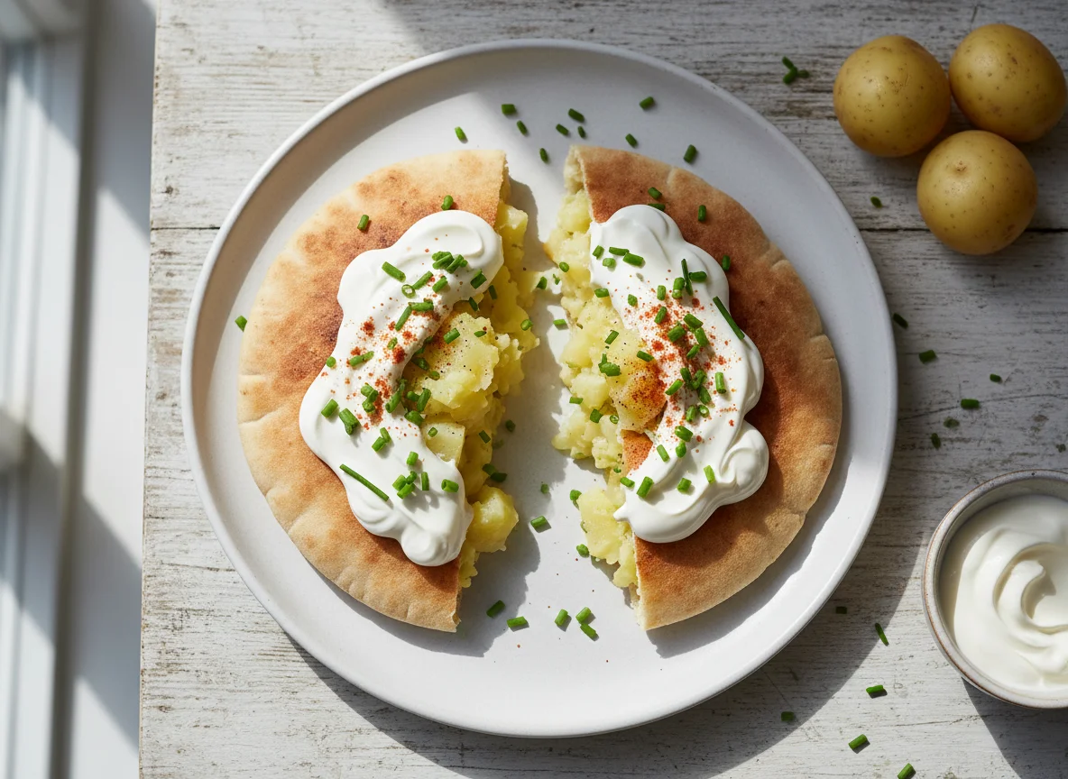 Pita gefüllt mit Kartoffeln und Sauerrahm photo