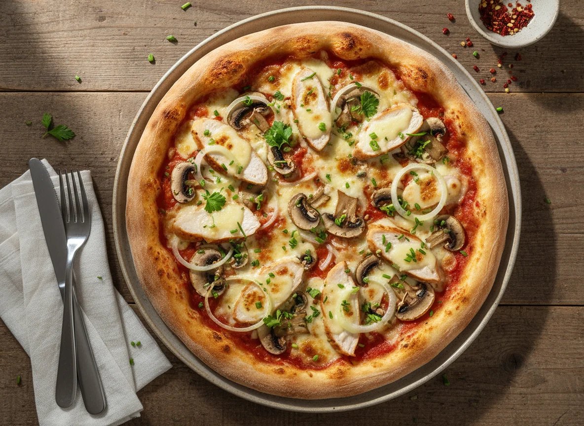 Pizza aus Dinkelmehl-Quark-Teig mit Hähnchenbrust und Champignons photo