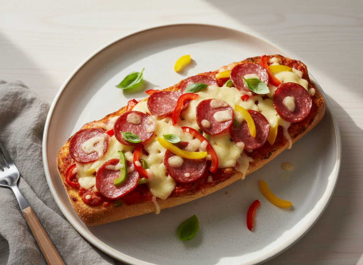 Pizza Baguette mit Salami und Paprika photo