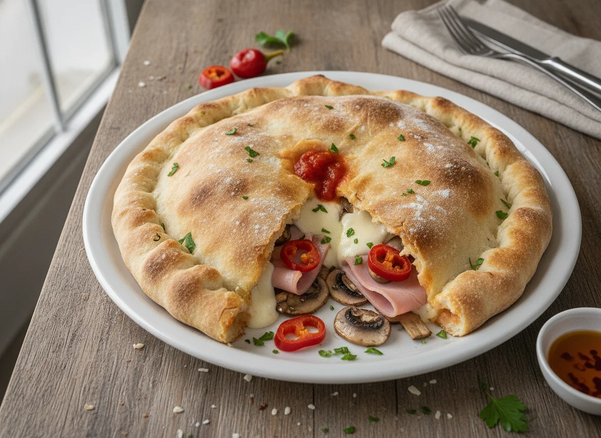 Pizza Calzone mit Schinken, Pilzen und Peperoni photo