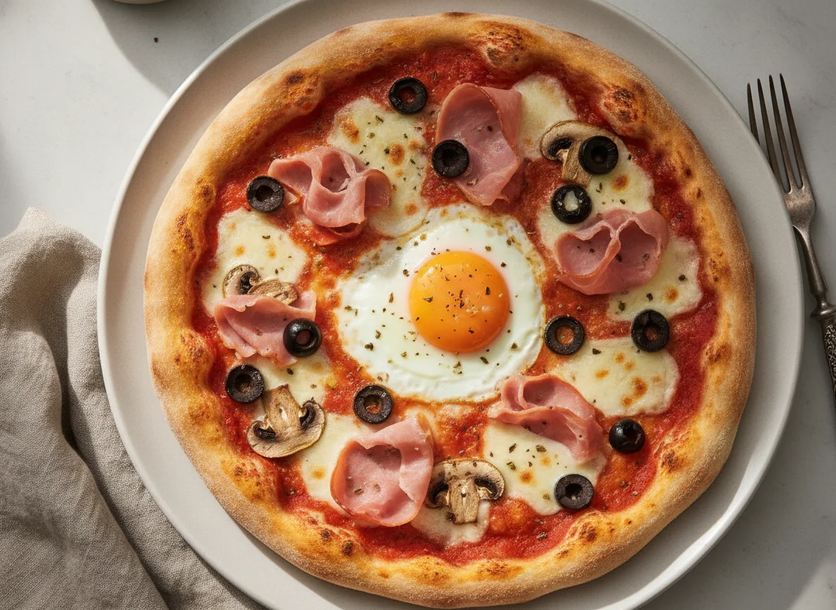 Pizza Capricciosa mit Ei photo