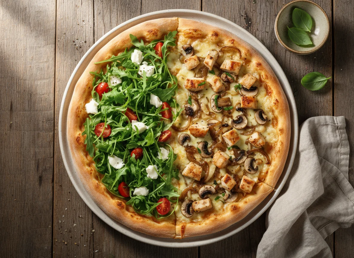 Pizza (halb Rucola-Tomate, halb Pilz-Zwiebel-Hähnchen) photo