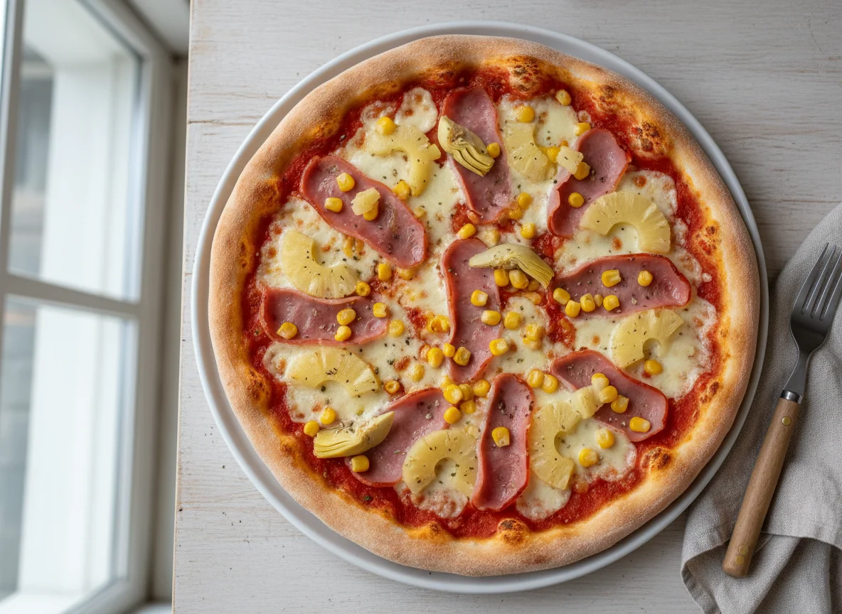 Pizza Hawaii mit Mais und Artischocken photo