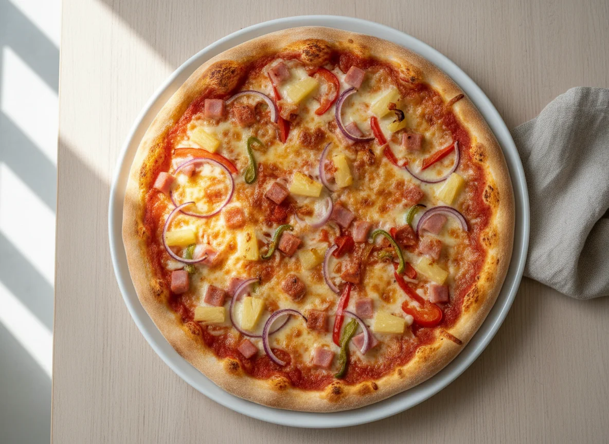 Pizza Hawaii mit Paprika und Zwiebeln photo