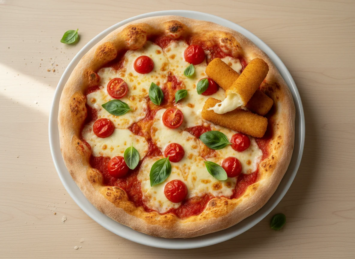Pizza Margherita mit Kirschtomaten und Mozzarella-Sticks photo