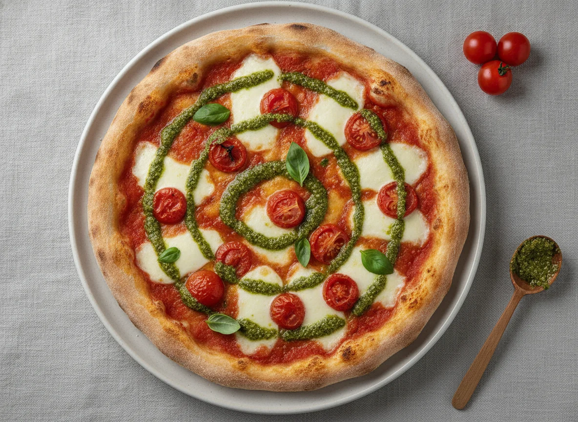 Pizza Margherita mit Kirschtomaten und Pesto photo