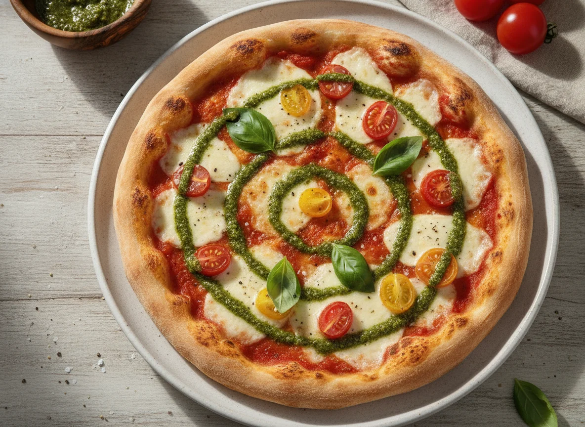 Pizza Margherita mit Pesto und Kirschtomaten photo