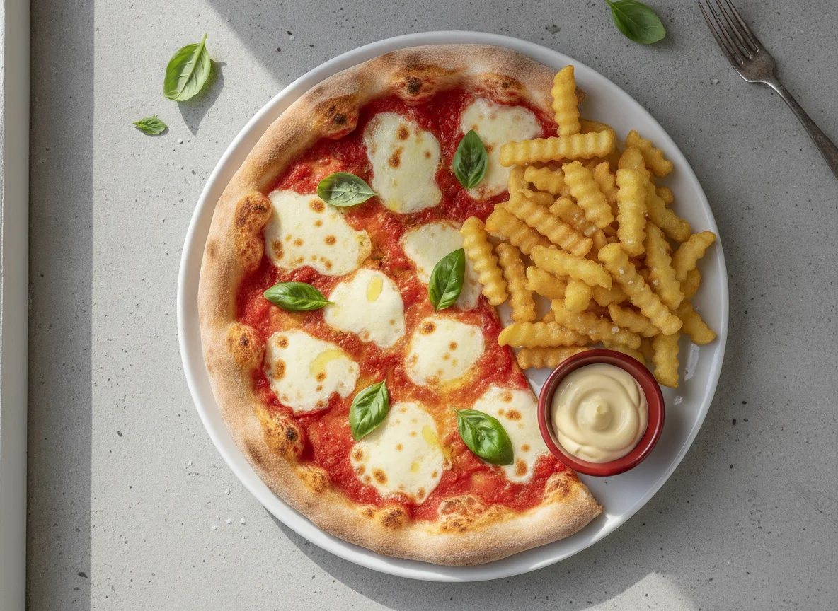 Pizza Margherita und Pommes Frites photo